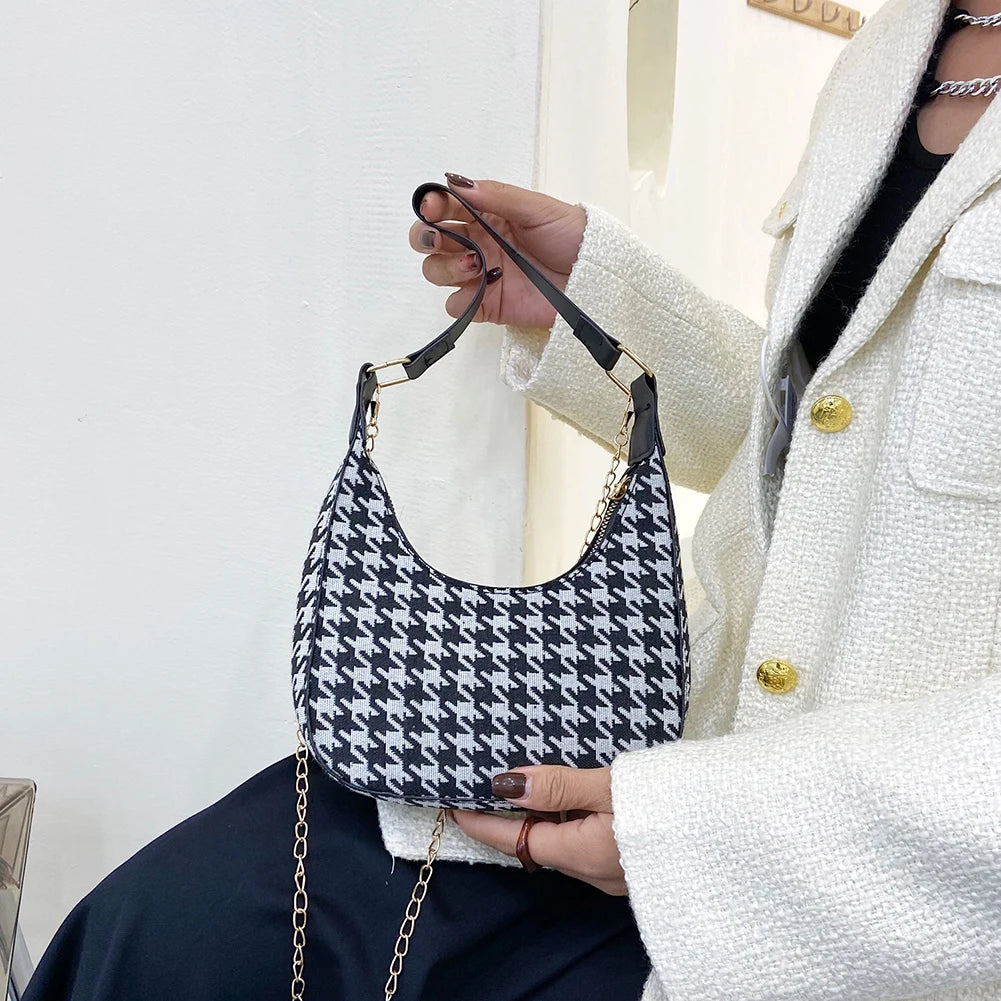 Women Houndstooth Print Shoulder Bag PU Leather Ladies Casual Messenger Handbag