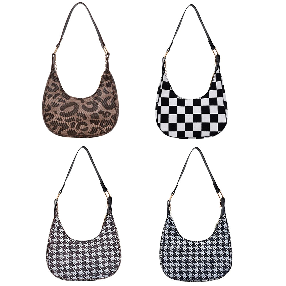 Women Houndstooth Print Shoulder Bag PU Leather Ladies Casual Messenger Handbag