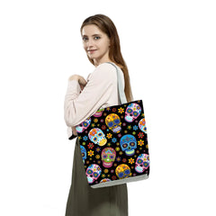 Floral Skull Print Shoulder Bag Halloween Gift Large Capacity Tote Bag