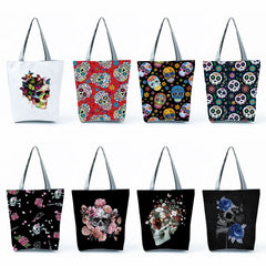 Floral Skull Print Shoulder Bag Halloween Gift Large Capacity Tote Bag