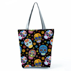Floral Skull Print Shoulder Bag Halloween Gift Large Capacity Tote Bag