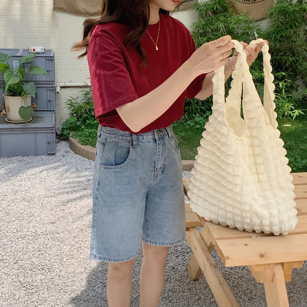 Women Shoulder Bag Pleated Handbags Large Capacity Top-handle Bag