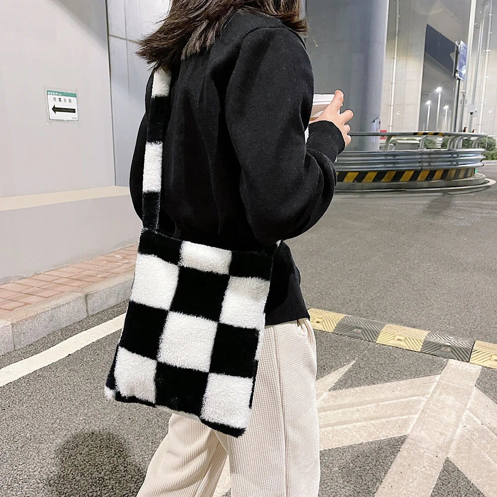 Plush Lattice Print Shoulder Bag for Women