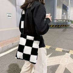 Plush Lattice Print Shoulder Bag for Women