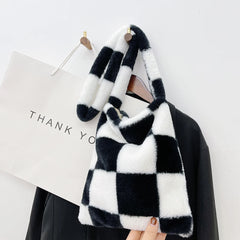 Plush Lattice Print Shoulder Bag for Women