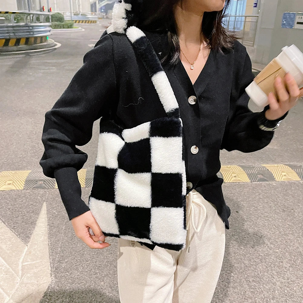 Plush Lattice Print Shoulder Bag for Women