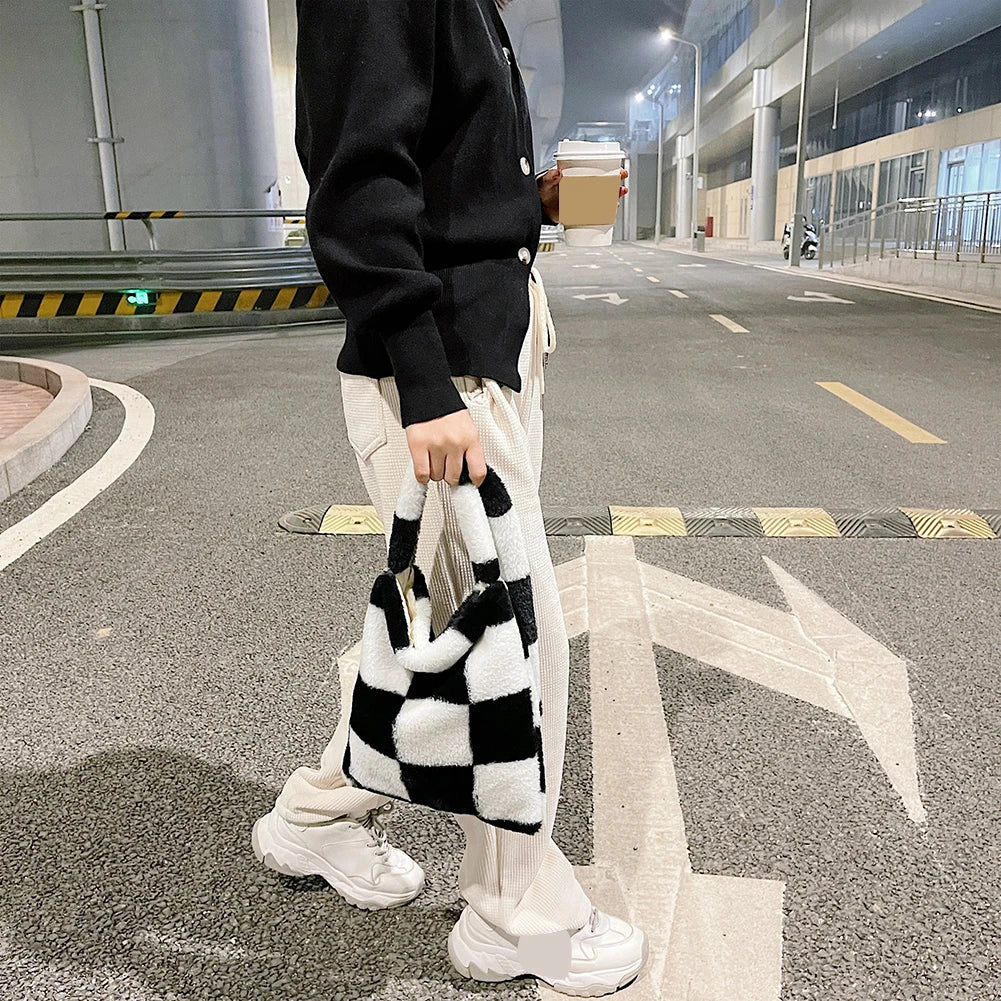 Plush Lattice Print Shoulder Bag for Women