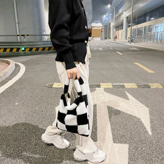 Plush Lattice Print Shoulder Bag for Women
