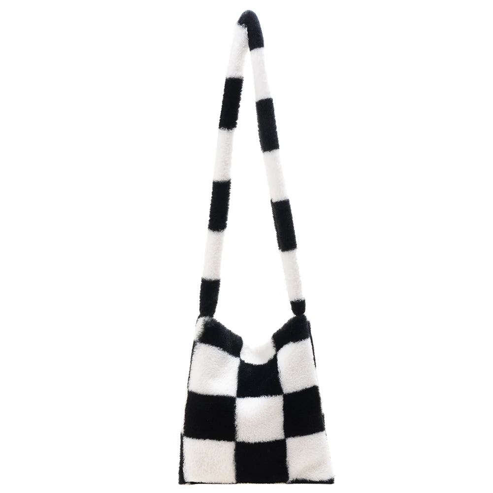 Plush Lattice Print Shoulder Bag for Women