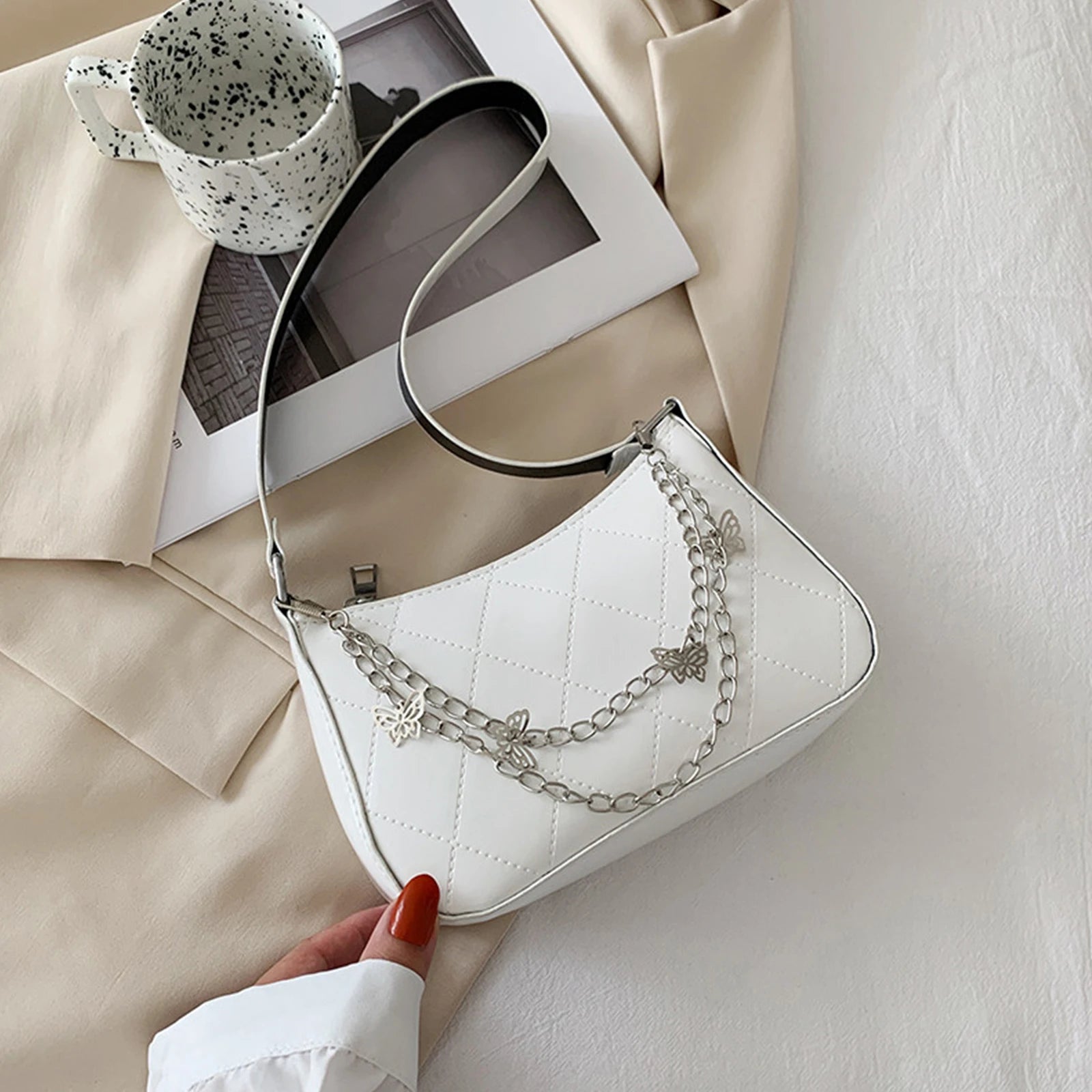 Women Shoulder Bag Butterfly Chain Decoration Detachable Strap