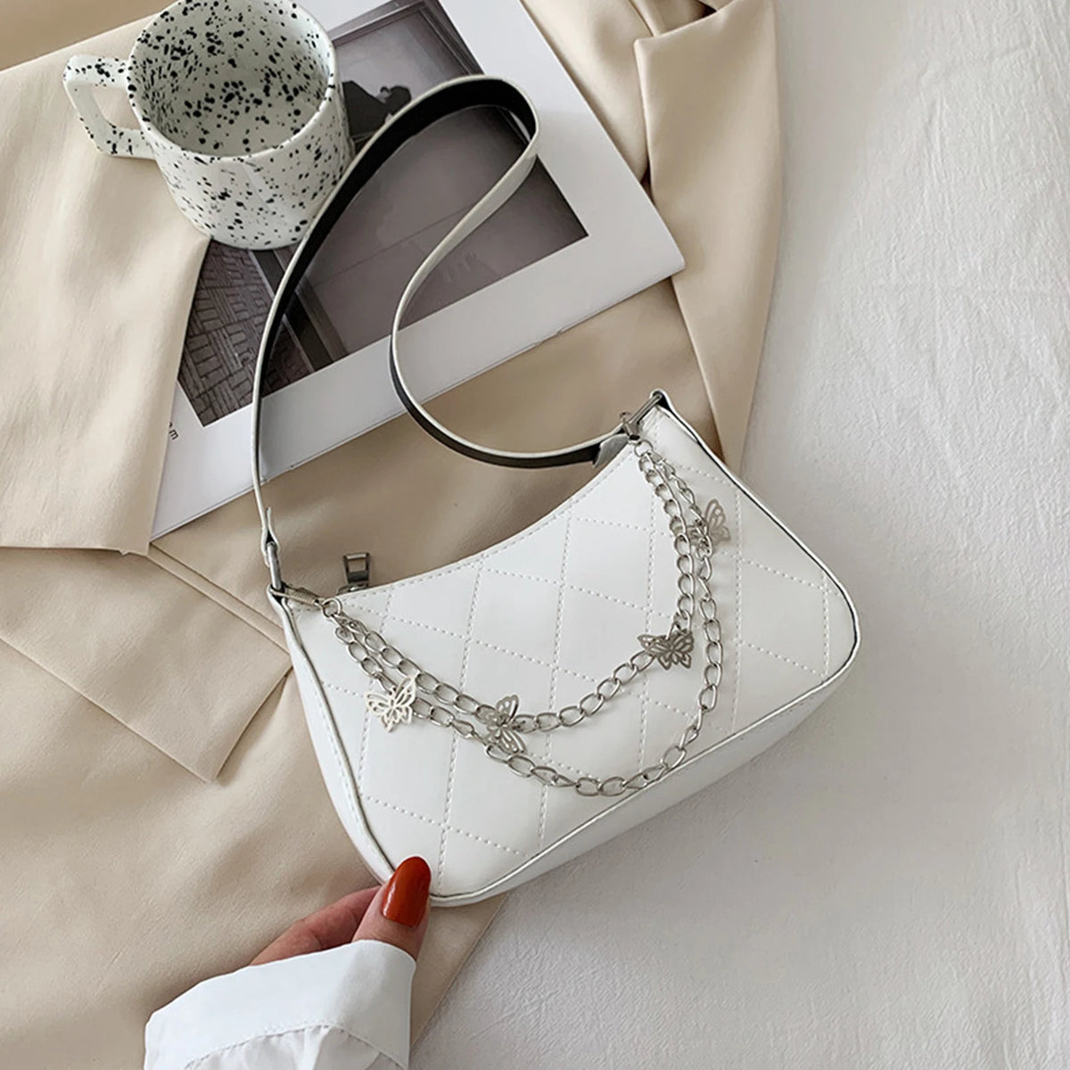 Women Shoulder Bag Butterfly Chain Decoration Detachable Strap