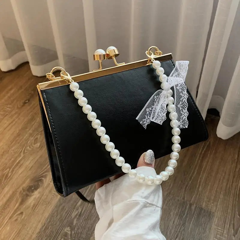 Women Shoulder Bag PU Leather Lace Pearls Handbag Cross-body