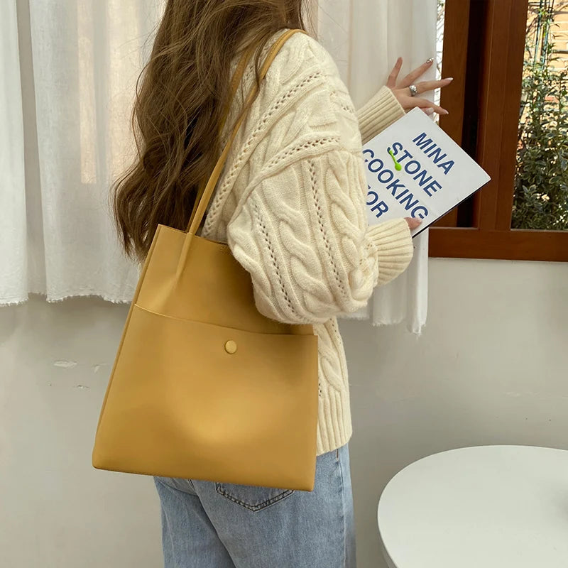Solid PU Leather Shoulder Bag Large Capacity Casual Totes Harajuku Style Ins