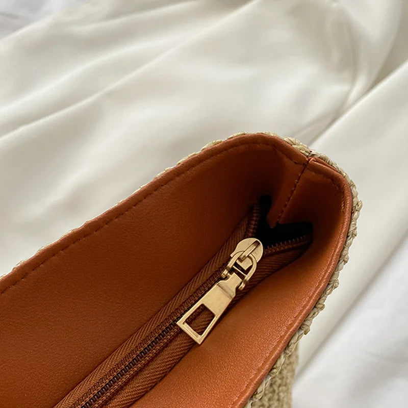 Straw Woven Underarm Bag Large Capacity Zipper Totes Shopping Handbags