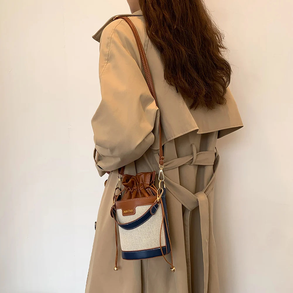 Vintage Patchwork Drawstring Crossbody Bag Cylinder PU Leather Handbag