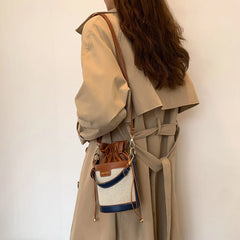 Vintage Patchwork Drawstring Crossbody Bag Cylinder PU Leather Handbag