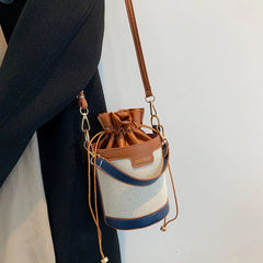 Vintage Patchwork Drawstring Crossbody Bag Cylinder PU Leather Handbag