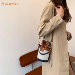 Vintage Patchwork Drawstring Crossbody Bag Cylinder PU Leather Handbag