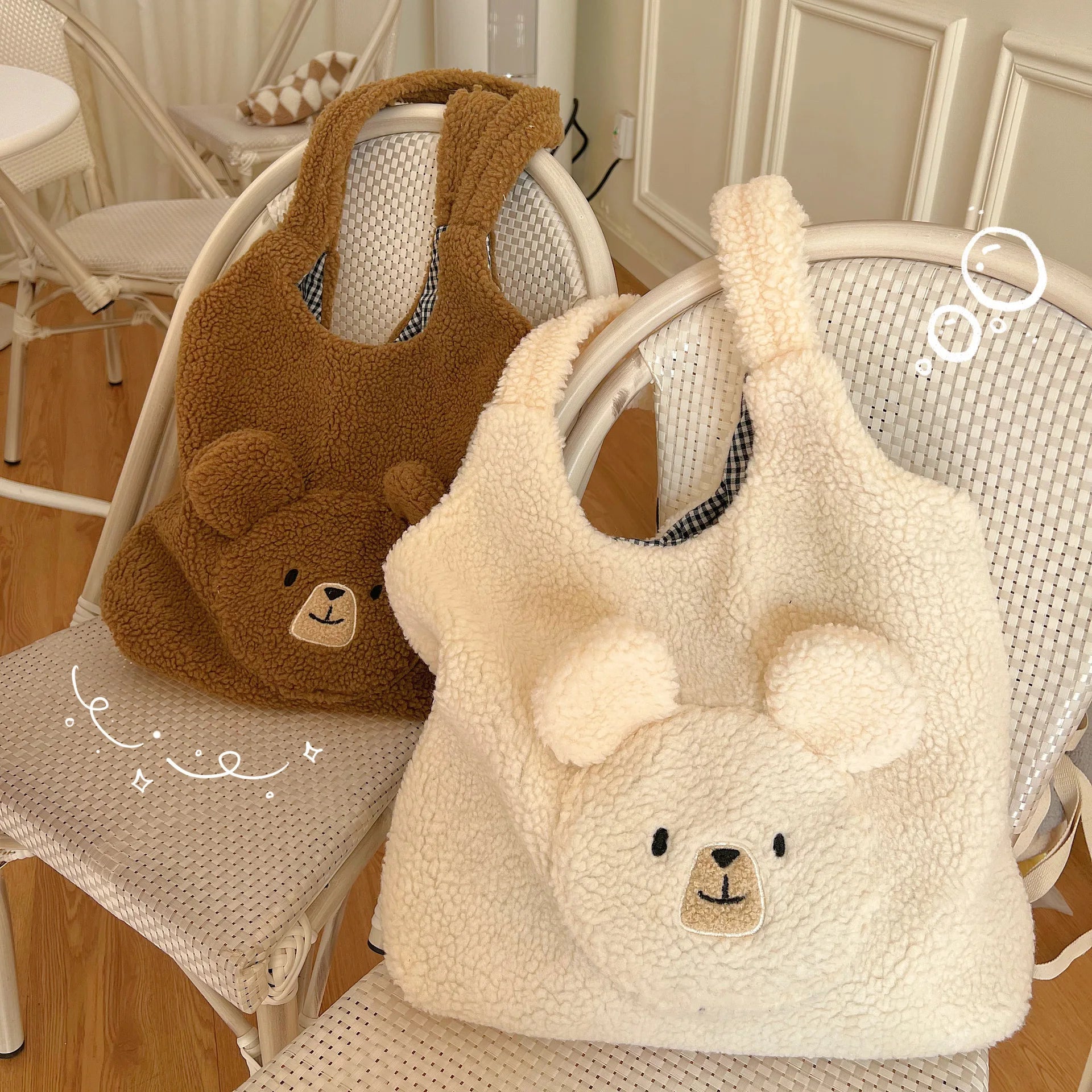 Fluffy Fur Shoulder Bag for Women, Embroidered Lady Tote