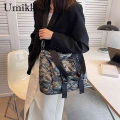 Women Cotton Padded Shoulder Handbag Waterproof Nylon Tote for Travel Shopping