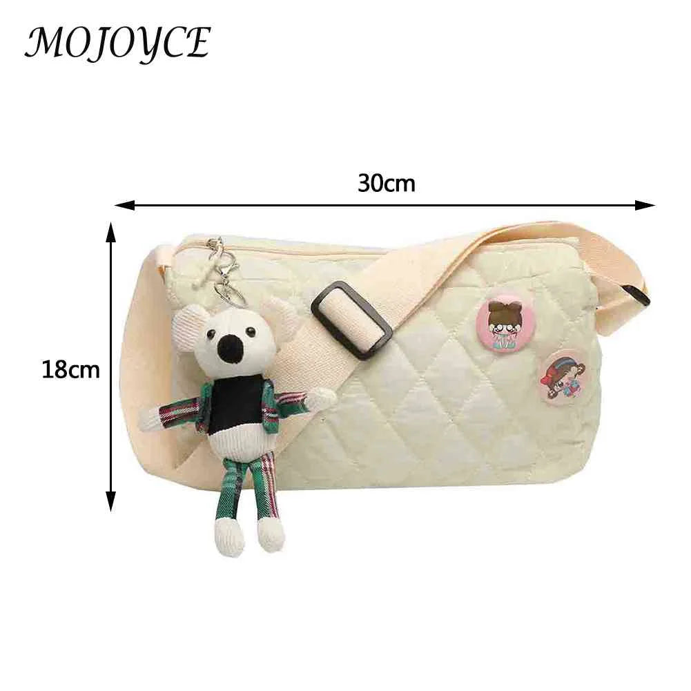 Quilted Crossbody Handbag Cotton Padded Shoulder Bag with Bear Pendant