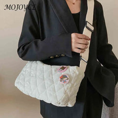 Quilted Crossbody Handbag Cotton Padded Shoulder Bag with Bear Pendant