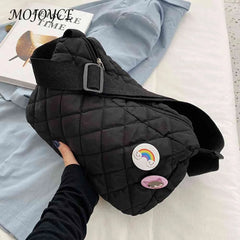 Quilted Crossbody Handbag Cotton Padded Shoulder Bag with Bear Pendant