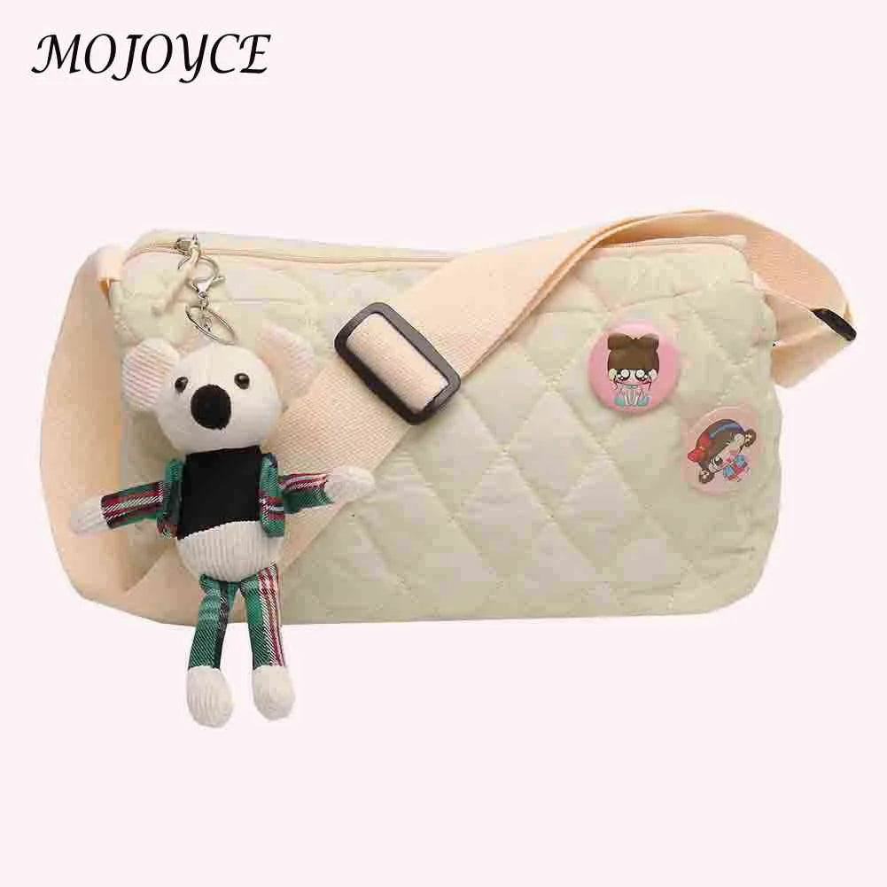 Quilted Crossbody Handbag Cotton Padded Shoulder Bag with Bear Pendant