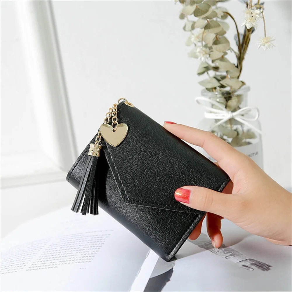 Women Short Wallet PU Leather Hand-Held Tassel Multi-Functional Wallet