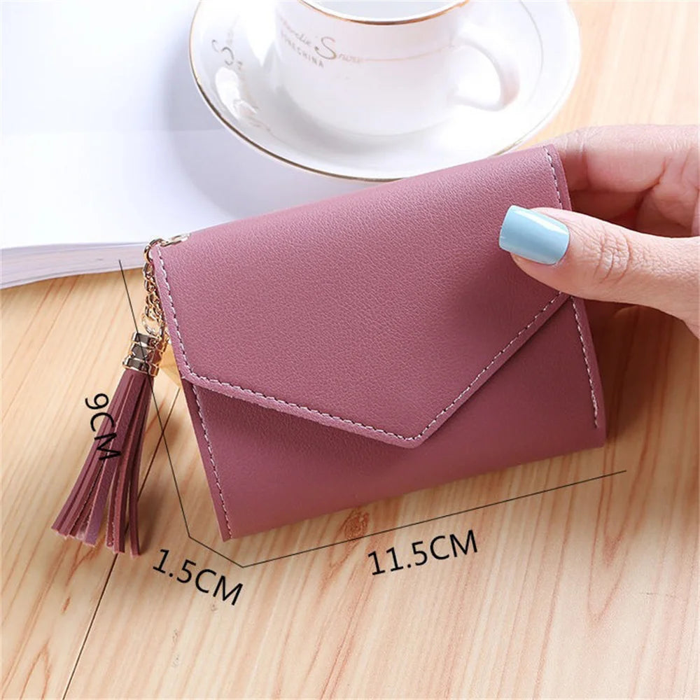 Women Short Wallet PU Leather Hand-Held Tassel Multi-Functional Wallet
