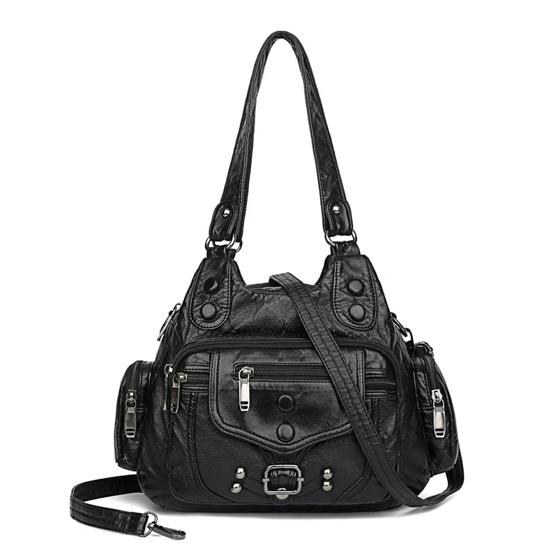 Women Small Handbag Top-handle Satchel Soft PU Shoulder Bag Multi-pockets
