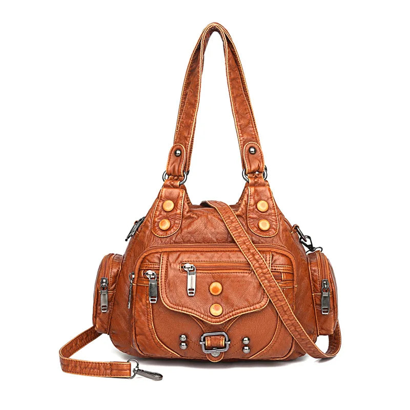 Women Small Handbag Top-handle Satchel Soft PU Shoulder Bag Multi-pockets
