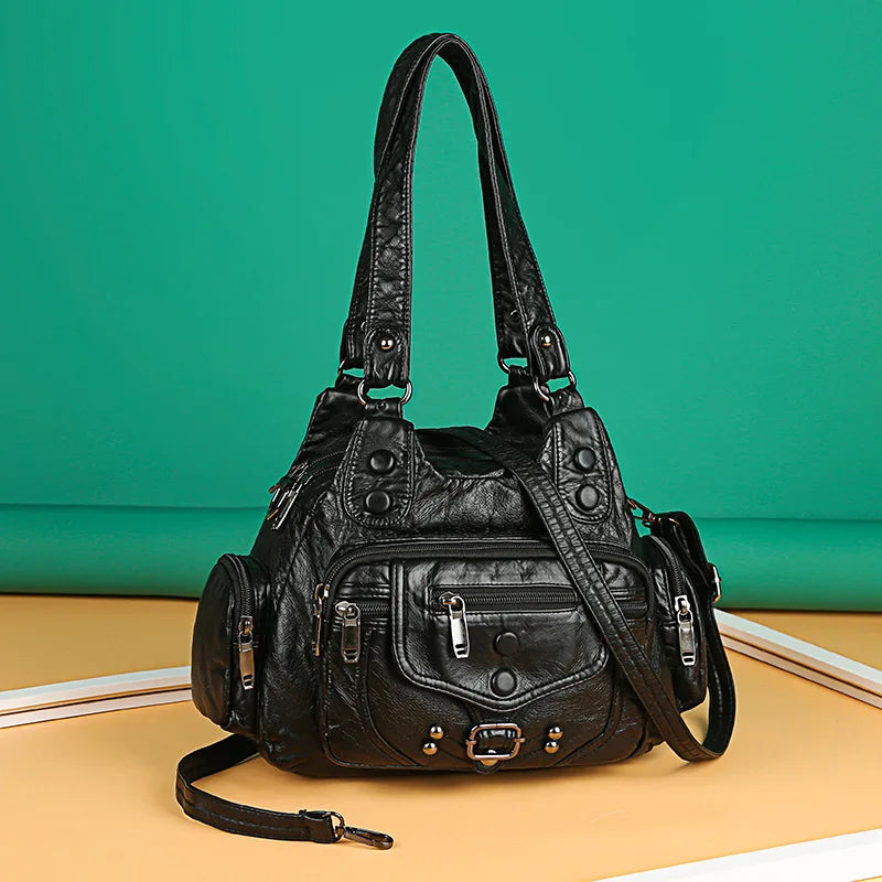 Women Small Handbag Top-handle Satchel Soft PU Shoulder Bag Multi-pockets