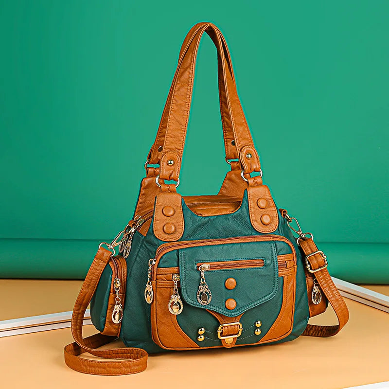 Women Small Handbag Top-handle Satchel Soft PU Shoulder Bag Multi-pockets