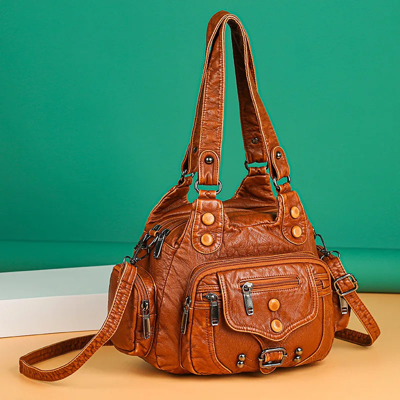 Women Small Handbag Top-handle Satchel Soft PU Shoulder Bag Multi-pockets