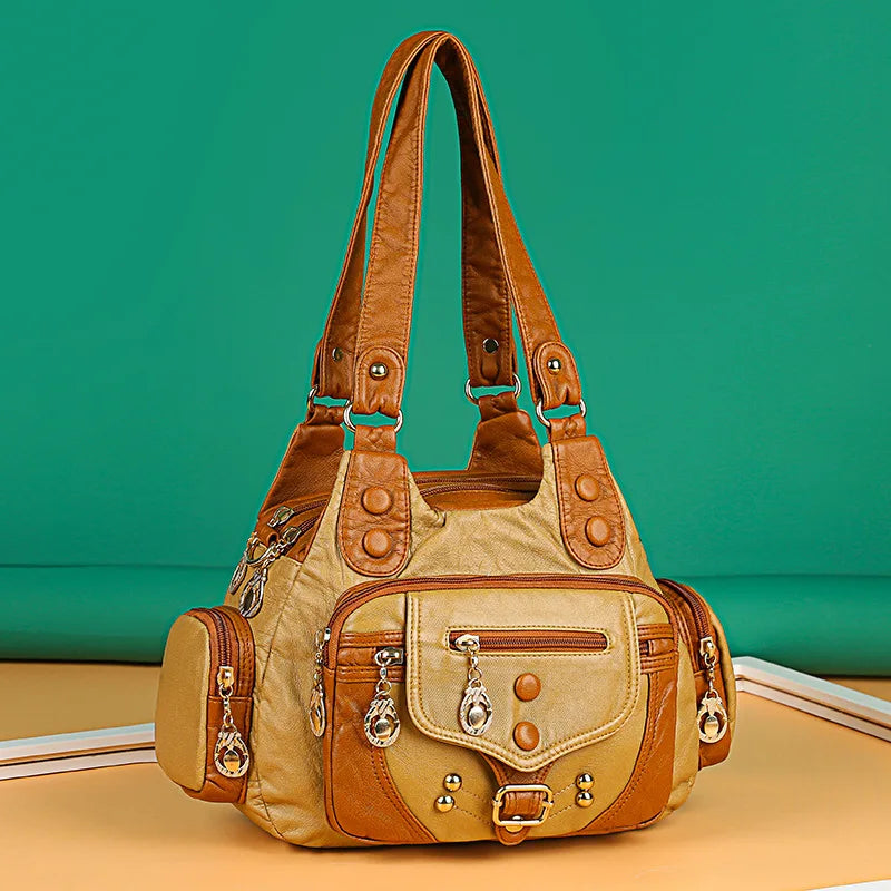 Women Small Handbag Top-handle Satchel Soft PU Shoulder Bag Multi-pockets