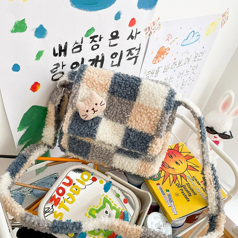 Women Small Plush Shoulder Bag Checked Plaid Crossbody Bag