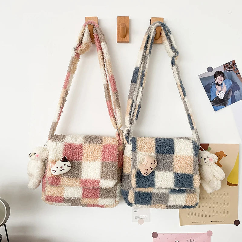 Women Small Plush Shoulder Bag Checked Plaid Crossbody Bag