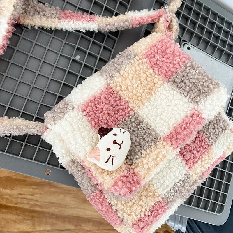 Women Small Plush Shoulder Bag Checked Plaid Crossbody Bag