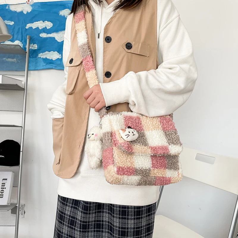 Women Small Plush Shoulder Bag Checked Plaid Crossbody Bag