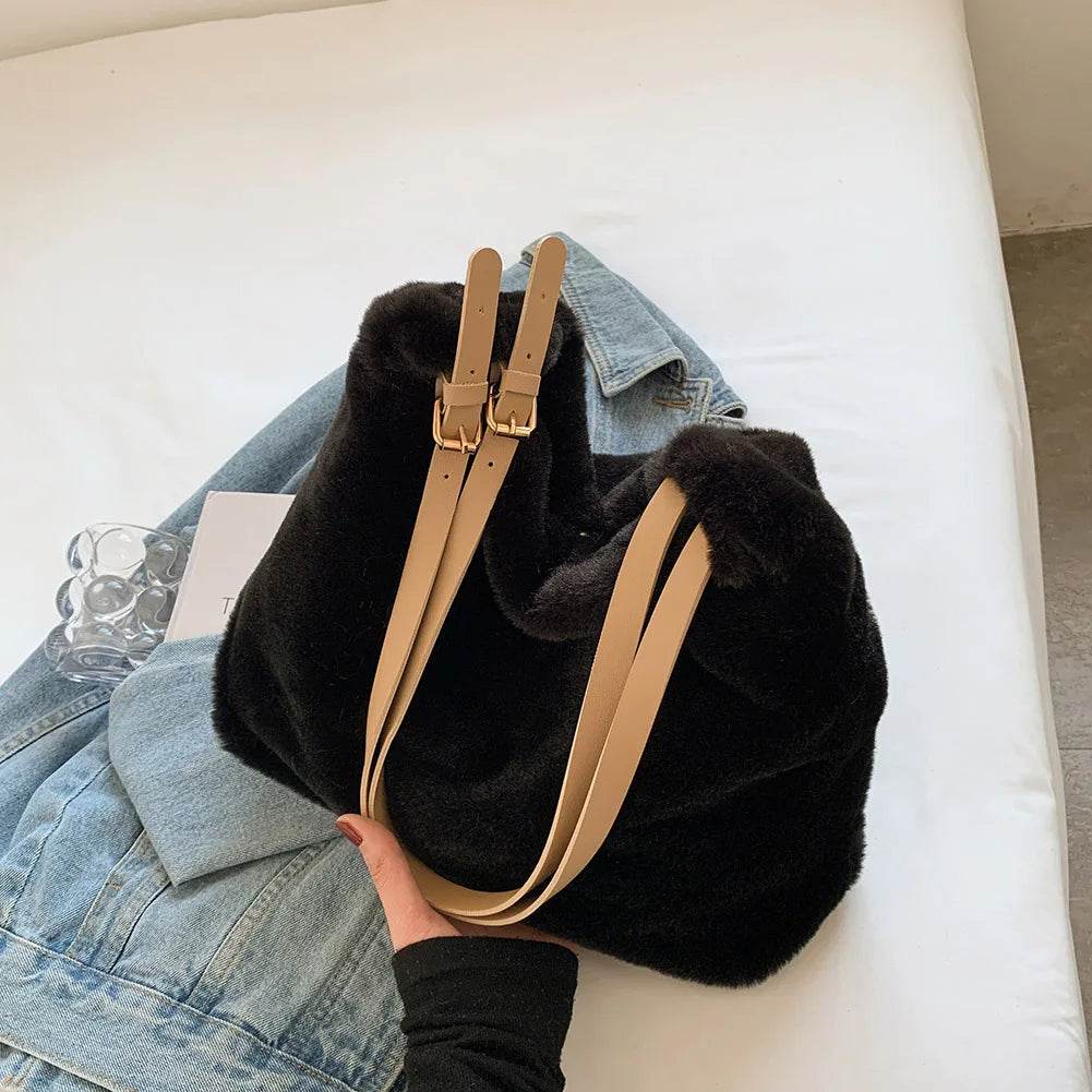 Soft Plush Double Strap Shoulder Bag Winter Warm Faux Fur Shopping Bag