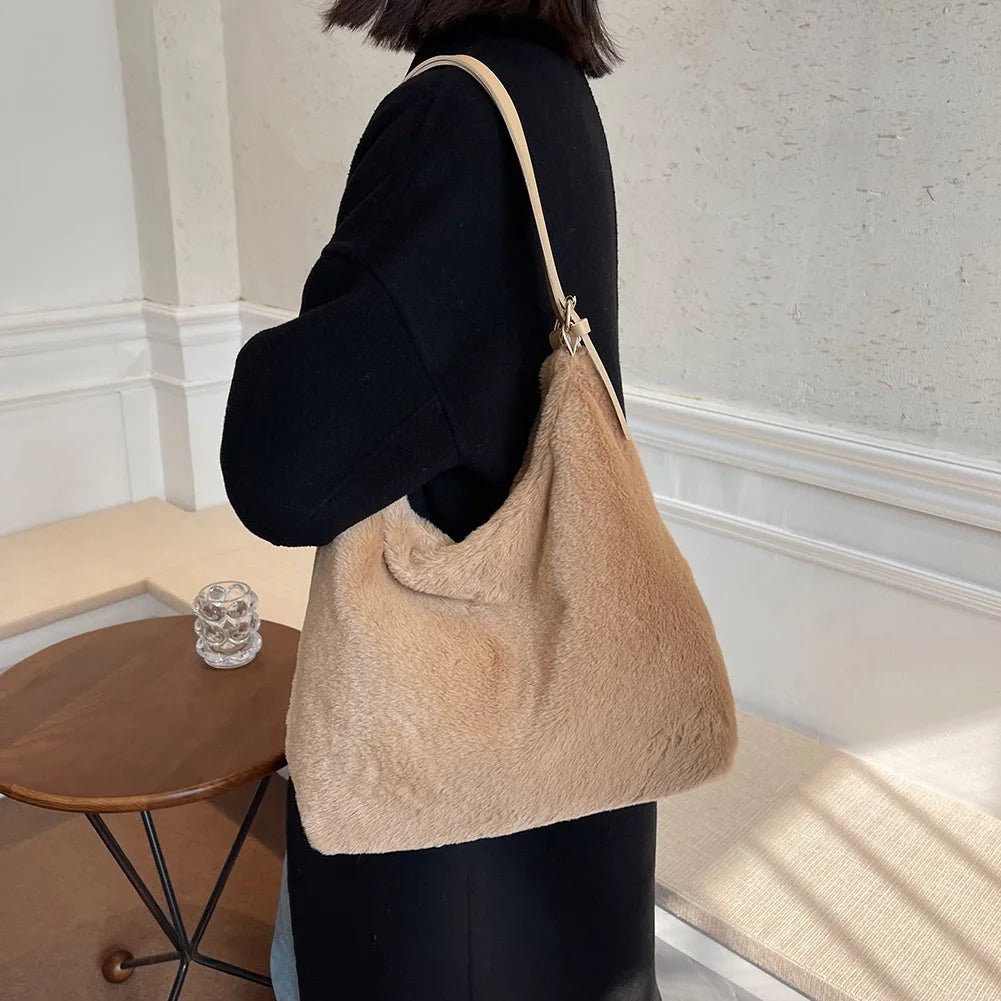 Soft Plush Double Strap Shoulder Bag Winter Warm Faux Fur Shopping Bag