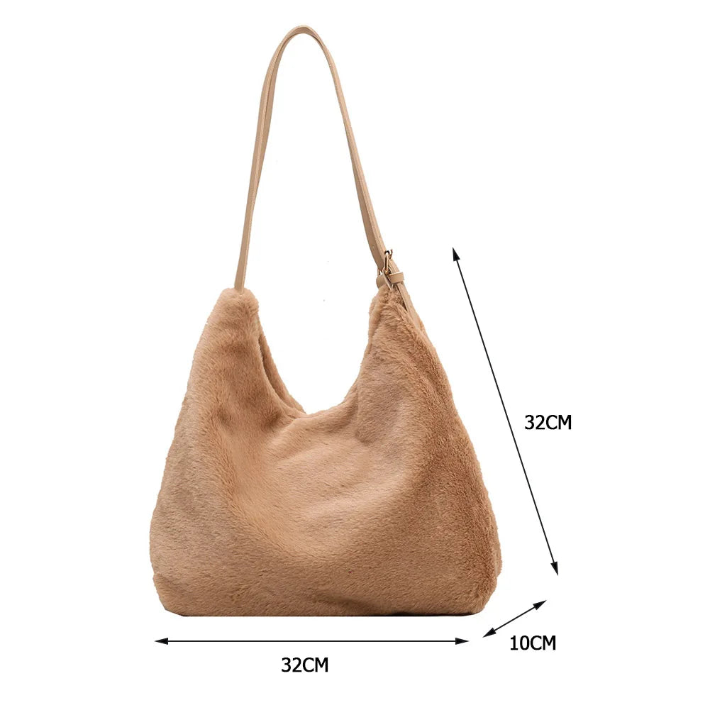 Soft Plush Double Strap Shoulder Bag Winter Warm Faux Fur Shopping Bag