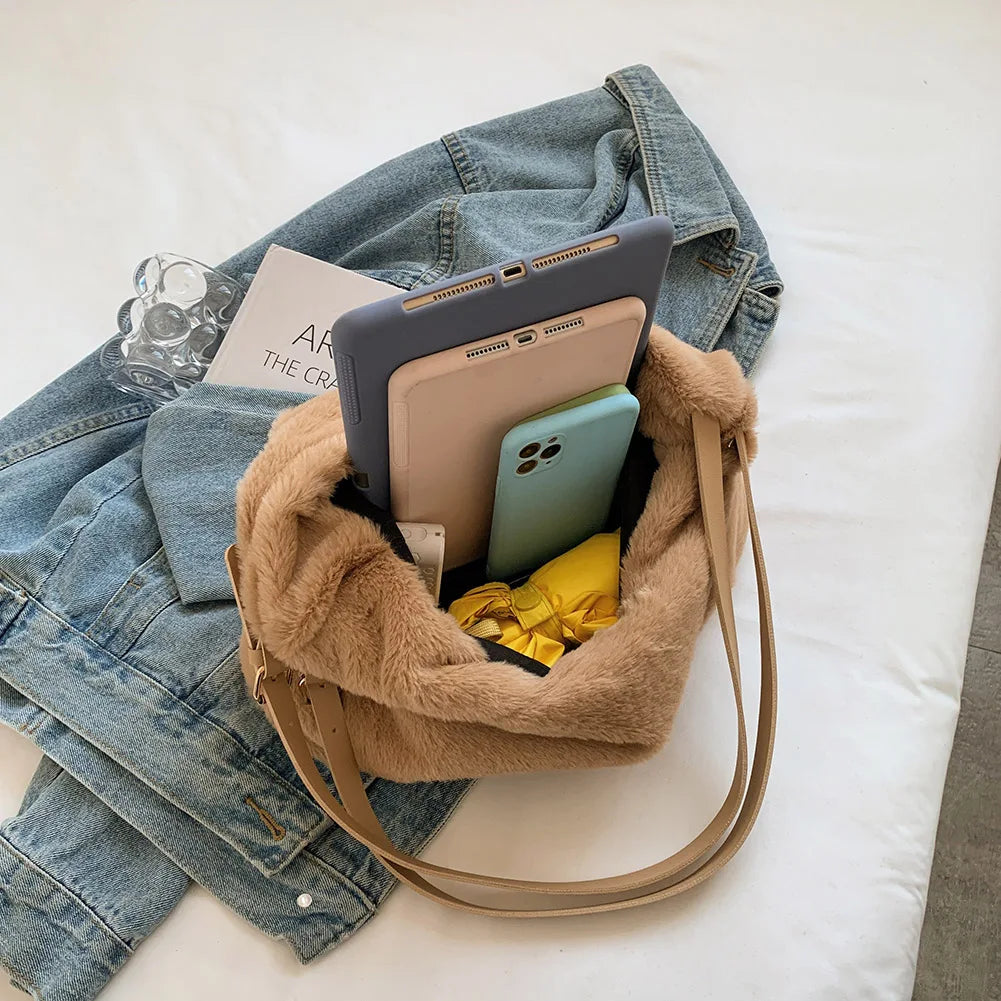 Soft Plush Double Strap Shoulder Bag Winter Warm Faux Fur Shopping Bag