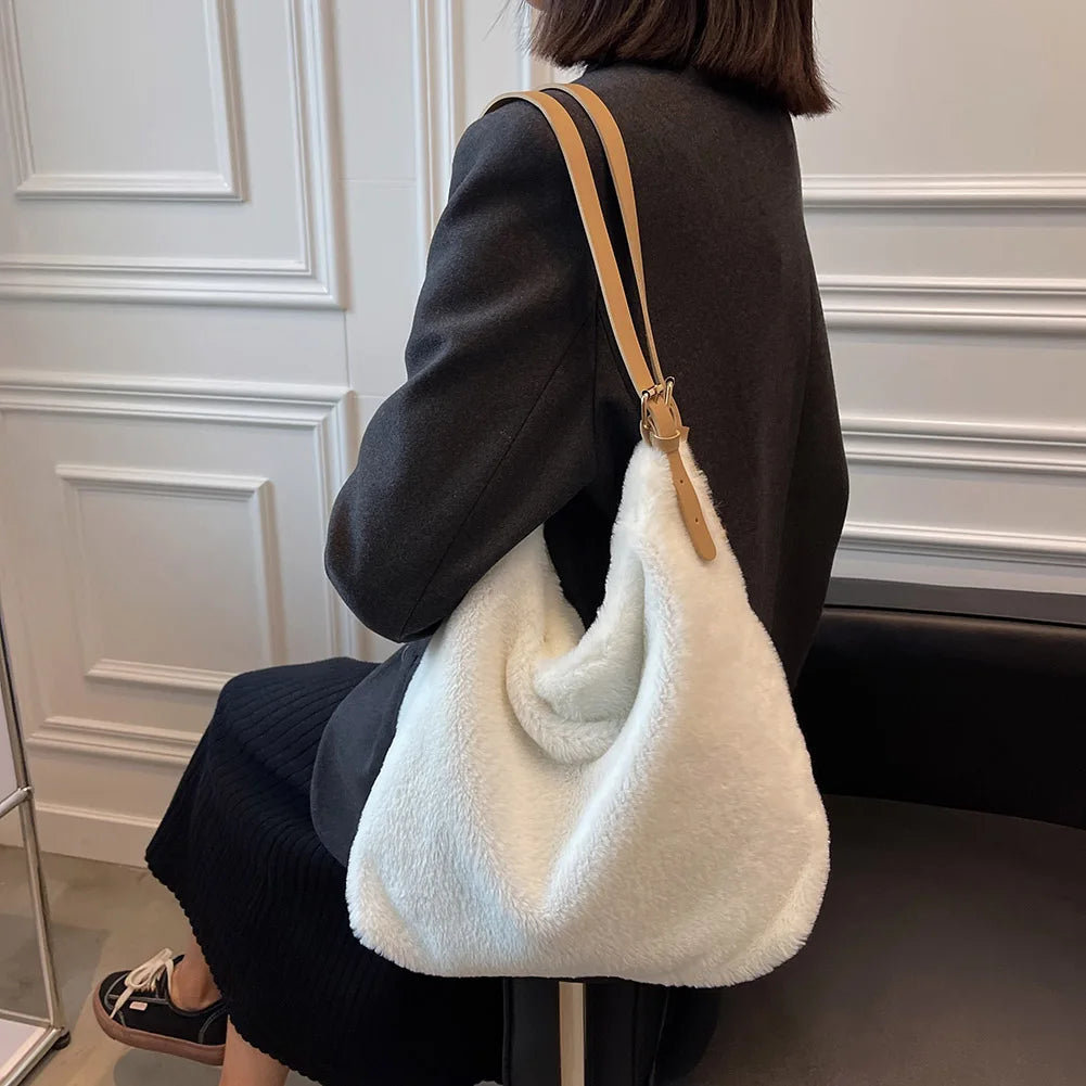 Soft Plush Double Strap Shoulder Bag Winter Warm Faux Fur Shopping Bag