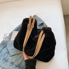 Soft Plush Double Strap Shoulder Bag Winter Warm Faux Fur Shopping Bag