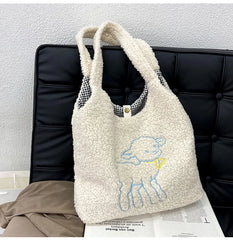 Women Plush Tote Bag Warm Cotton Shopper Bags Embroidery Sheep Handbag