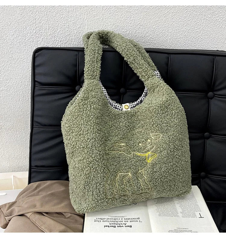 Women Plush Tote Bag Warm Cotton Shopper Bags Embroidery Sheep Handbag