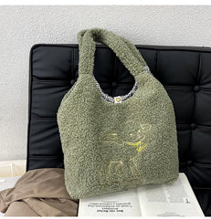 Women Plush Tote Bag Warm Cotton Shopper Bags Embroidery Sheep Handbag