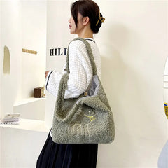 Women Plush Tote Bag Warm Cotton Shopper Bags Embroidery Sheep Handbag